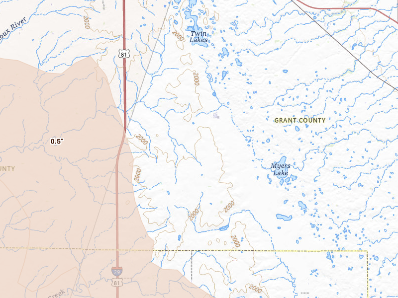 Radar-estimated hail-size map of the storm over South Shore, SD on Jul 7, 2026