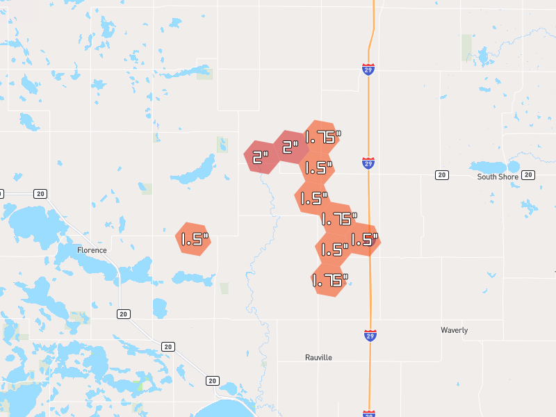 Hail map of South Shore, SD on Jul 7, 2026, hail up to 2"