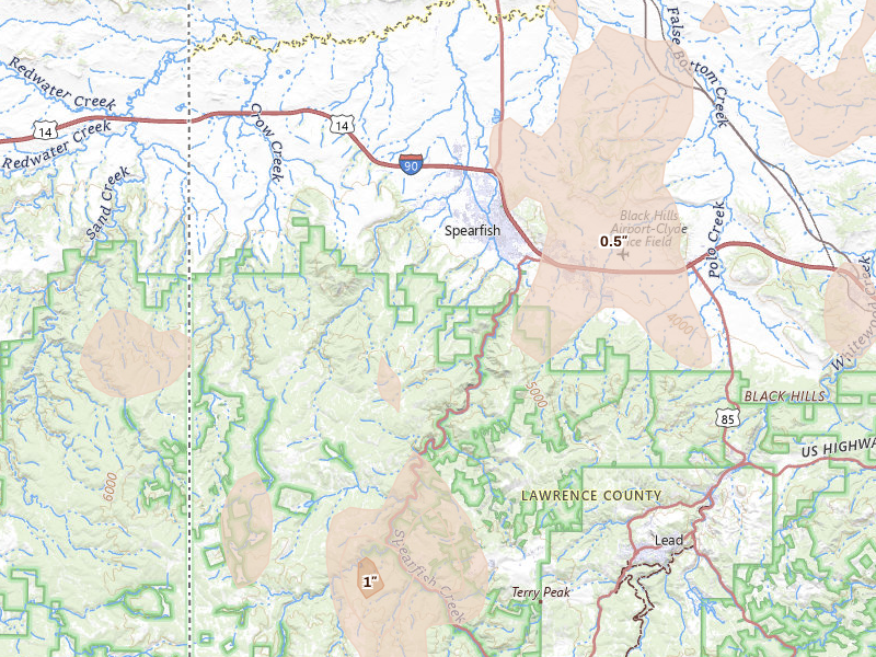 Radar-estimated hail-size map of the storm over Spearfish, SD on May 30, 2026