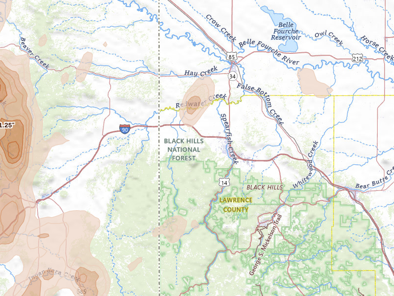 Radar-estimated hail-size map of the storm over Spearfish, SD on Jun 2, 2026