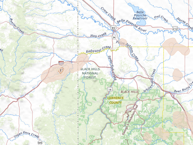 Radar-estimated hail-size map of the storm over Spearfish, SD on Jun 26, 2026
