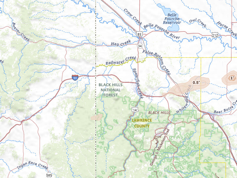 Radar-estimated hail-size map of the storm over Spearfish, SD on Jul 1, 2026