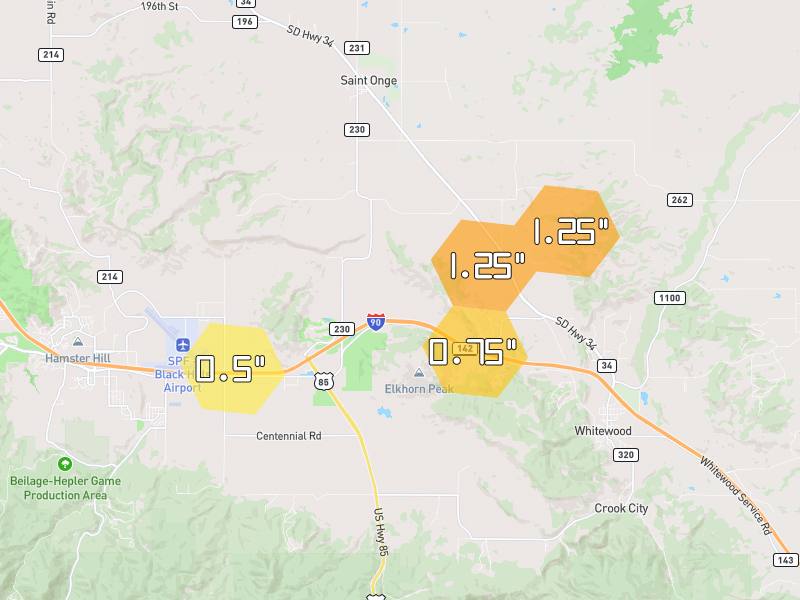 Hail map of Spearfish, SD on Jul 2, 2026, hail up to 1.25"