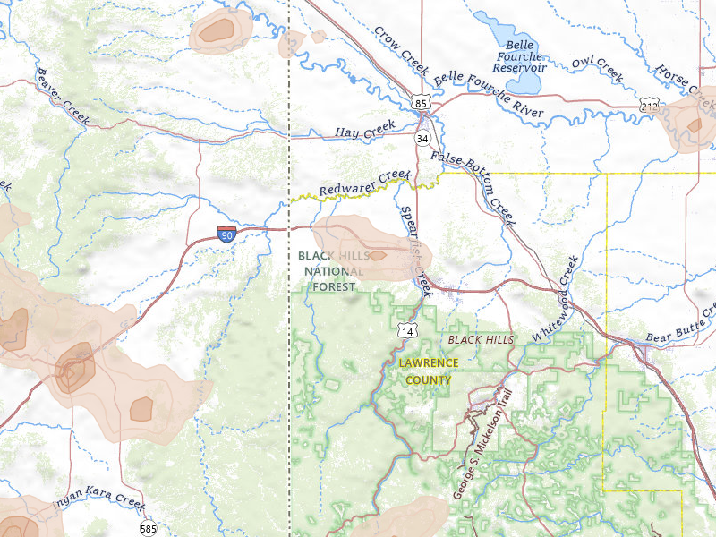 Radar-estimated hail-size map of the storm over Spearfish, SD on Jul 3, 2026