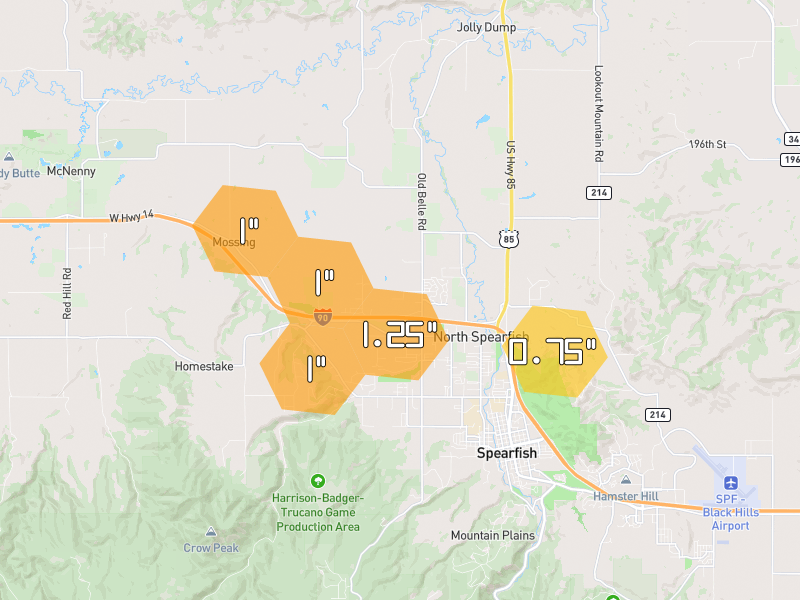 Hail map of Spearfish, SD on Jul 3, 2026, hail up to 1.25"