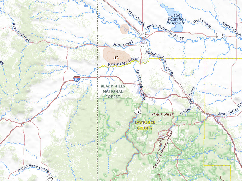 Radar-estimated hail-size map of the storm over Spearfish, SD on Jul 30, 2026