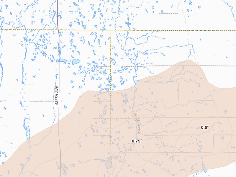 Radar-estimated hail-size map of the storm over Spencer, SD on Jul 2, 2026