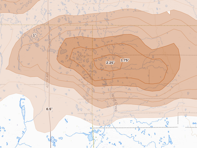 Radar-estimated hail-size map of the storm over Spencer, SD on Aug 6, 2026