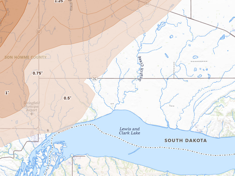 Radar-estimated hail-size map of the storm over Springfield, SD on May 17, 2026