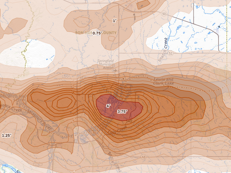 Radar-estimated hail-size map of the storm over Springfield, SD on Sep 1, 2026