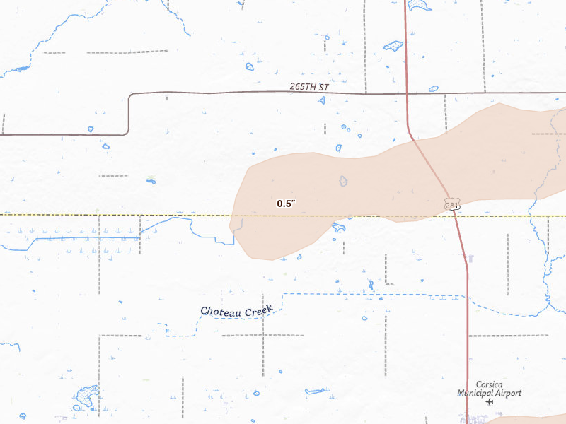 Radar-estimated hail-size map of the storm over Stickney, SD on Aug 3, 2026