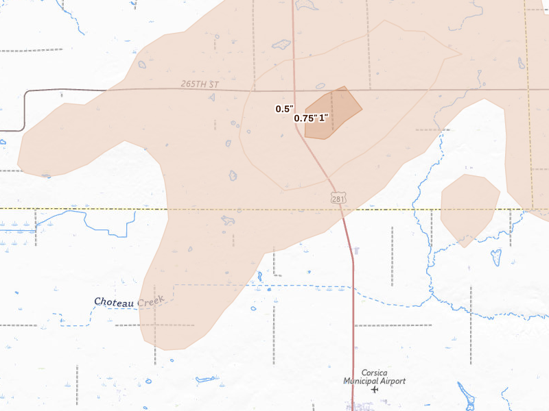 Radar-estimated hail-size map of the storm over Stickney, SD on Sep 4, 2026