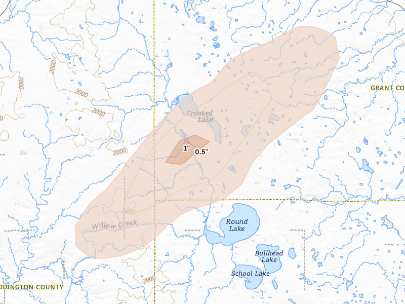 Radar-estimated hail-size map of the storm over Strandburg, SD on Jun 3, 2026