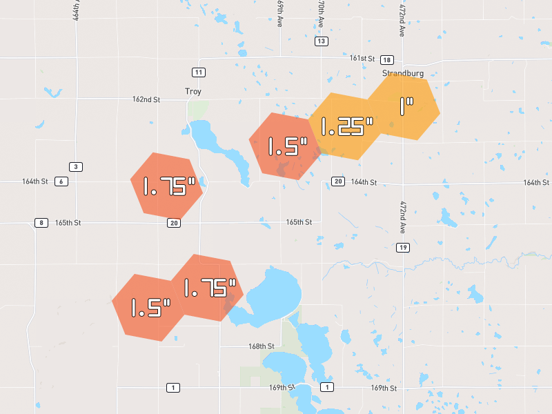 Hail map of Strandburg, SD on Jun 4, 2026, hail up to 1.75"