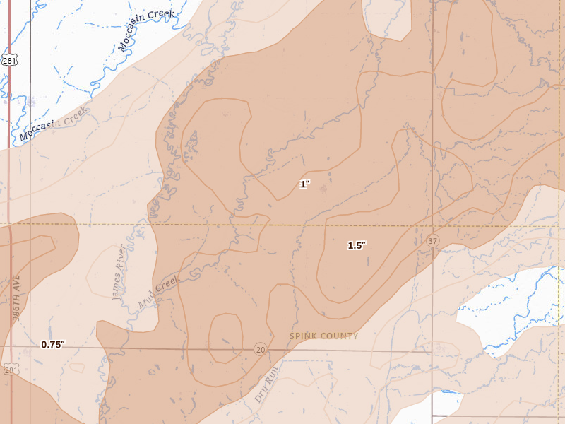 Radar-estimated hail-size map of the storm over Stratford, SD on Jun 29, 2026