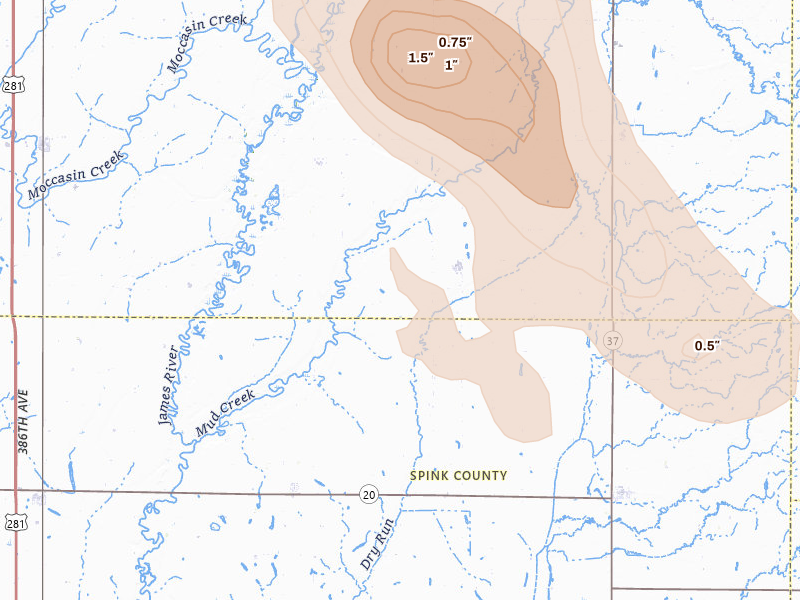 Radar-estimated hail-size map of the storm over Stratford, SD on Jul 24, 2026
