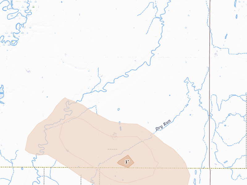 Radar-estimated hail-size map of the storm over Stratford, SD on Aug 24, 2026