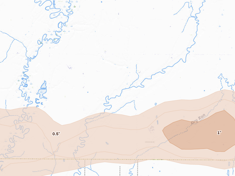 Radar-estimated hail-size map of the storm over Stratford, SD on Aug 29, 2026