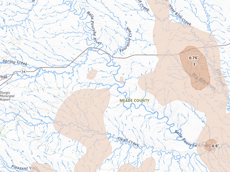 Radar-estimated hail-size map of the storm over Sturgis, SD on Jun 26, 2026