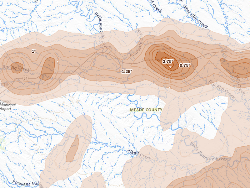 Radar-estimated hail-size map of the storm over Sturgis, SD on Jul 2, 2026