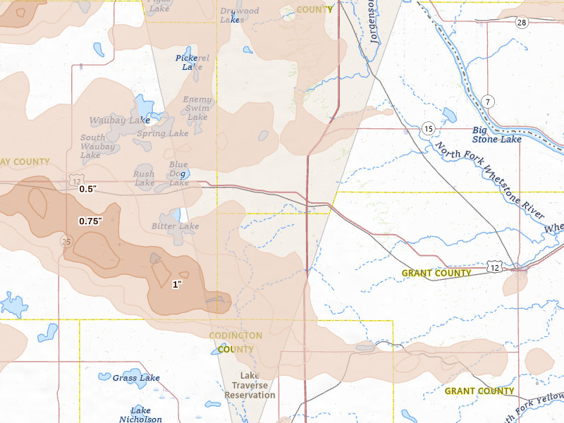 Radar-estimated hail-size map of the storm over Summit, SD on Jul 7, 2026