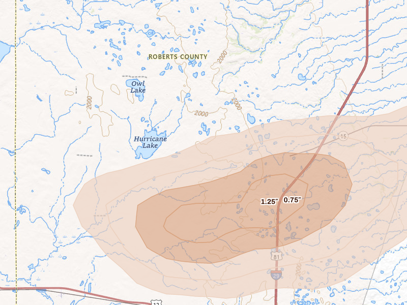 Radar-estimated hail-size map of the storm over Summit, SD on Aug 6, 2026