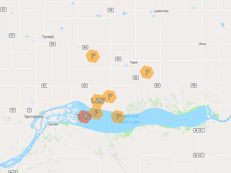 Hail map of Tabor, SD on Jun 30, 2026, hail up to 1.75"