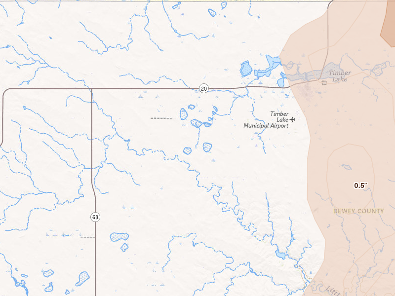 Radar-estimated hail-size map of the storm over Timber Lake, SD on Jul 7, 2026