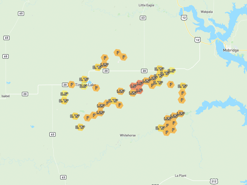 Hail map of Timber Lake, SD on Jul 7, 2026, hail up to 1.5"