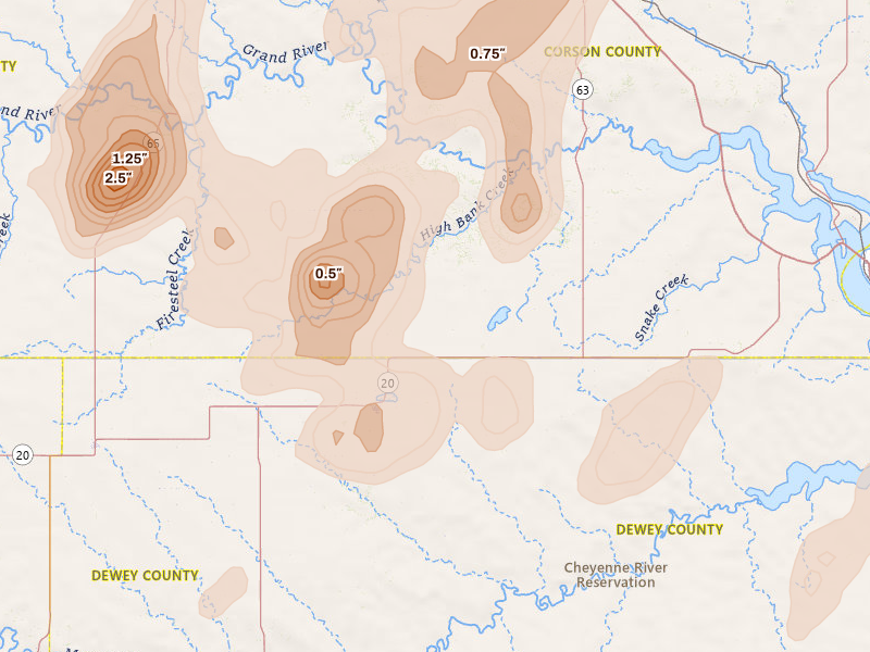Radar-estimated hail-size map of the storm over Timber Lake, SD