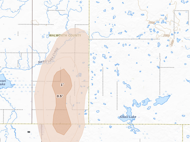 Radar-estimated hail-size map of the storm over Tolstoy, SD on Jun 2, 2026