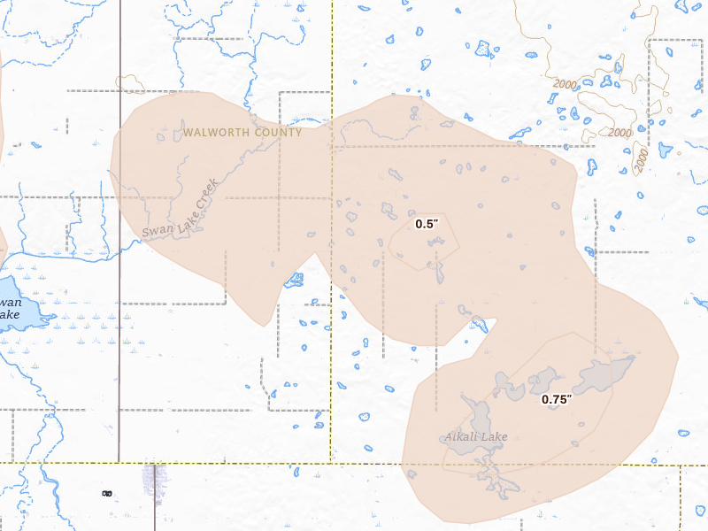 Radar-estimated hail-size map of the storm over Tolstoy, SD on Jul 7, 2026
