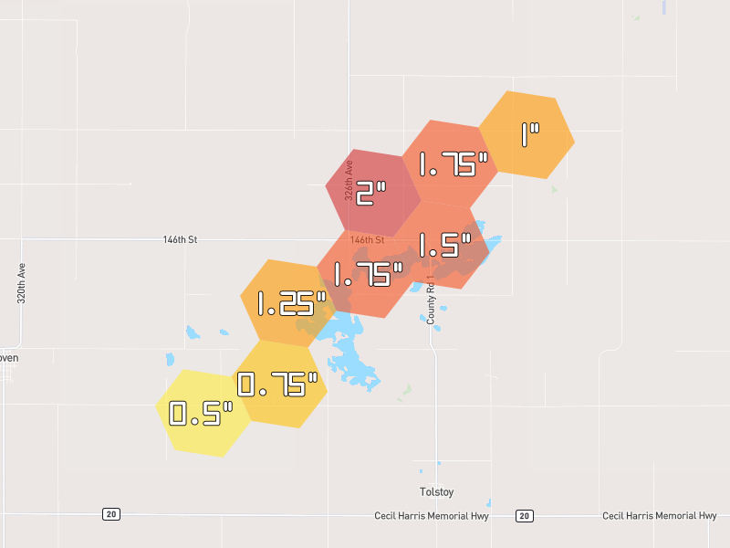 Hail map of Tolstoy, SD on Jul 7, 2026, hail up to 2"