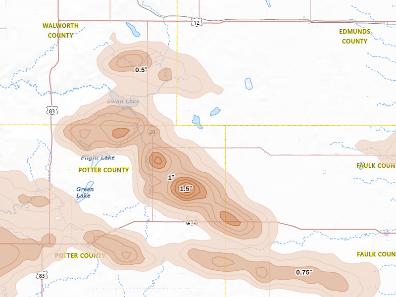 Radar-estimated hail-size map of the storm over Tolstoy, SD on Aug 29, 2026