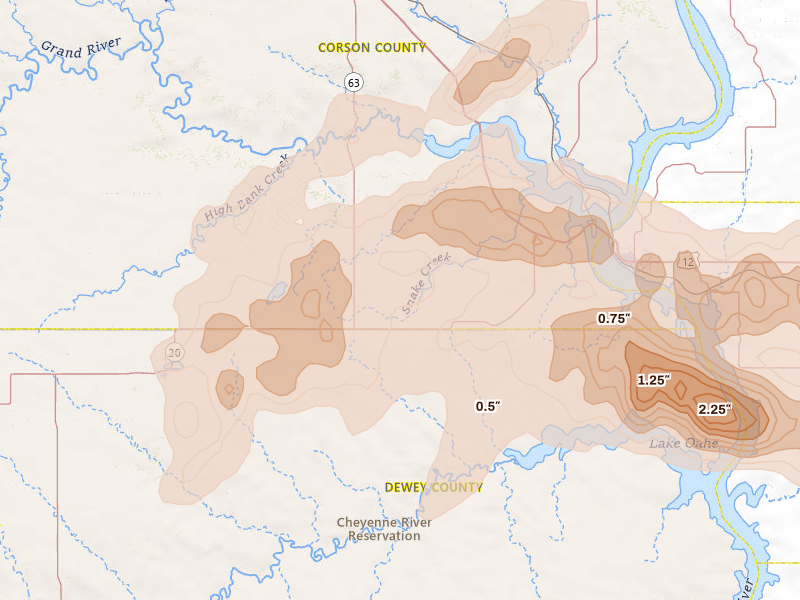 Radar-estimated hail-size map of the storm over Trail City, SD on Jul 7, 2026