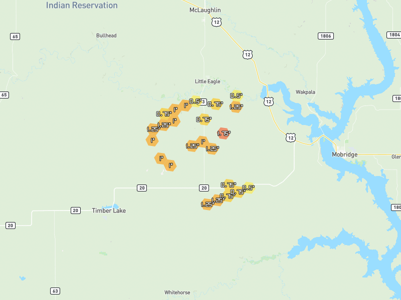 Hail map of Trail City, SD on Jul 7, 2026, hail up to 1.75"