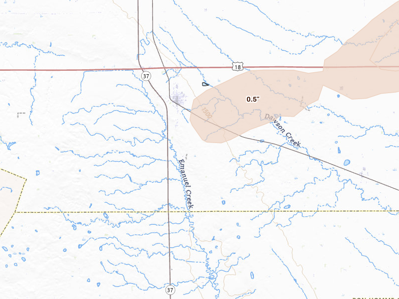 Radar-estimated hail-size map of the storm over Tripp, SD on Apr 13, 2026