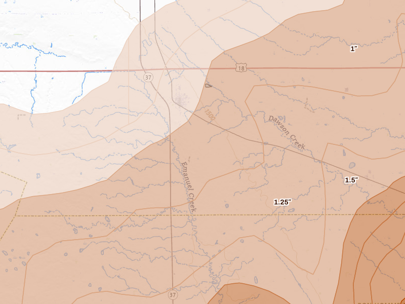Radar-estimated hail-size map of the storm over Tripp, SD on May 17, 2026