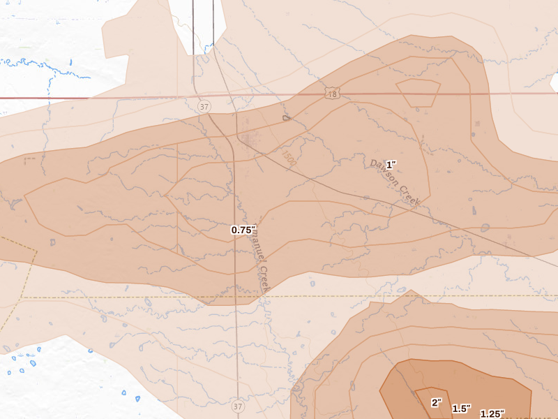 Radar-estimated hail-size map of the storm over Tripp, SD on May 24, 2026