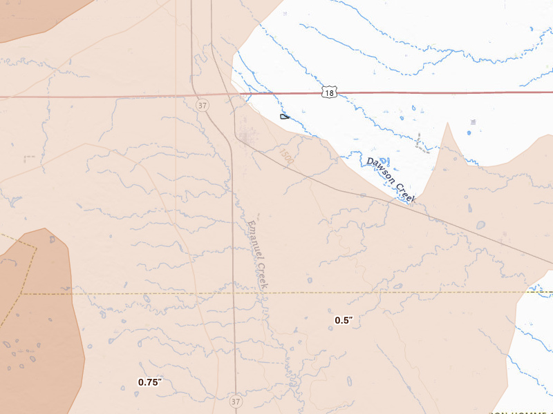 Radar-estimated hail-size map of the storm over Tripp, SD on Jun 27, 2026
