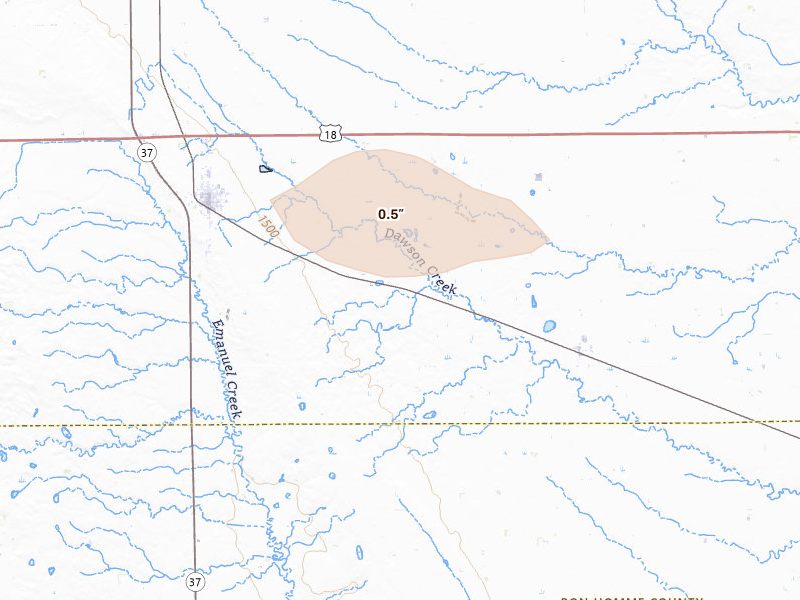 Radar-estimated hail-size map of the storm over Tripp, SD on Aug 17, 2026