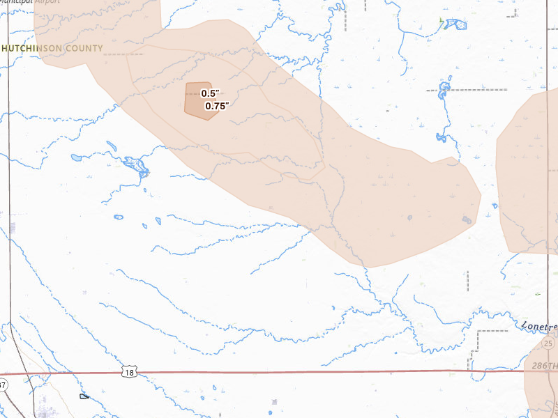 Radar-estimated hail-size map of the storm over Tripp, SD on Aug 20, 2026