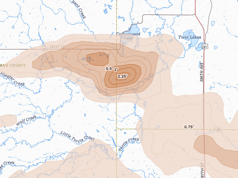 Radar-estimated hail-size map of the storm over Tulare, SD on Jun 4, 2026
