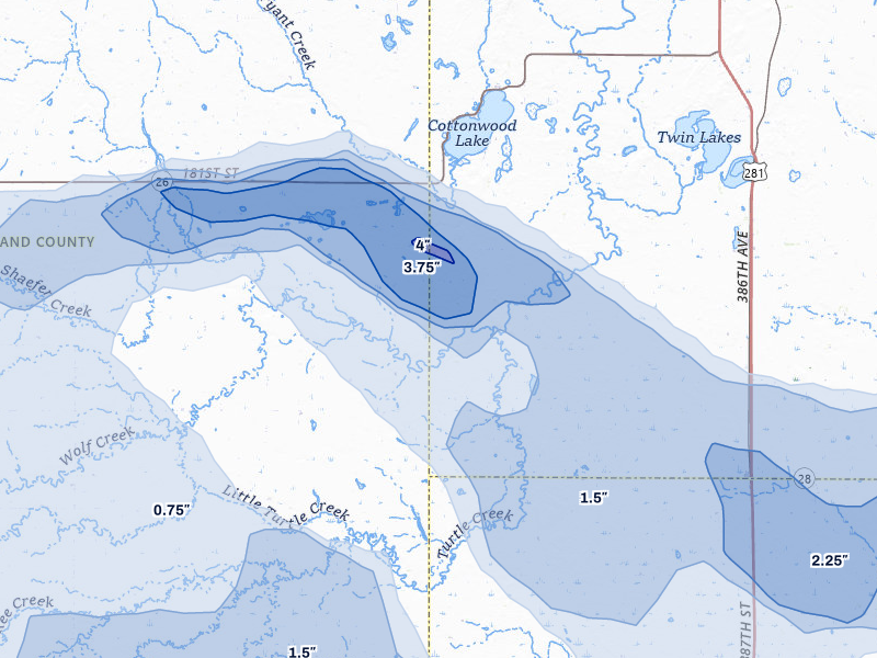 NEXRAD radar-signature map of the hail over Tulare, SD