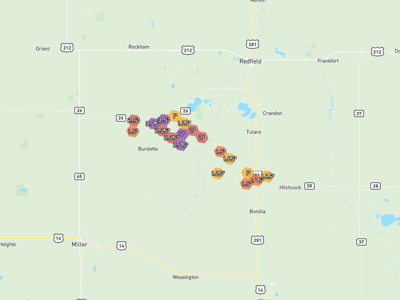 Hail map of Tulare, SD on Jun 4, 2026, hail up to 4"
