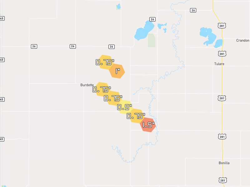 Hail map of Tulare, SD on Jun 5, 2026, hail up to 1.5"