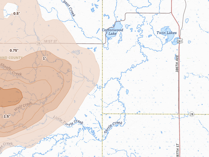 Radar-estimated hail-size map of the storm over Tulare, SD on Jun 28, 2026