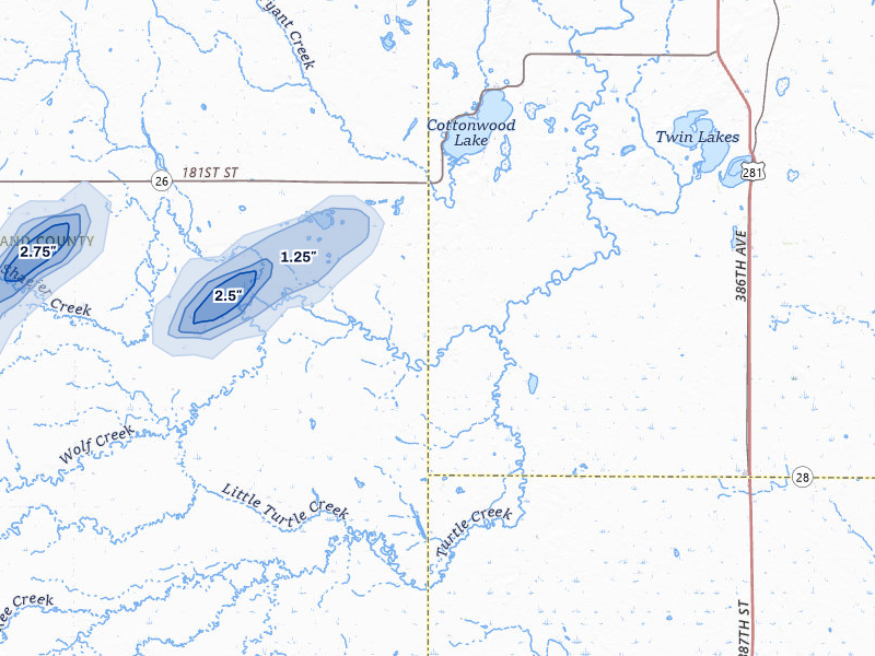 NEXRAD radar-signature map of the hail storm over Tulare, SD on Jun 28, 2026