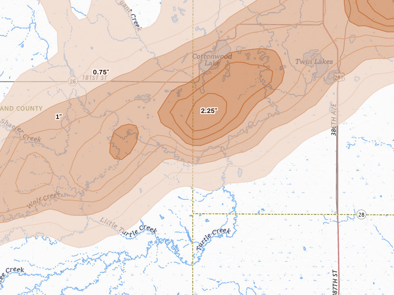 Radar-estimated hail-size map of the storm over Tulare, SD on Jun 29, 2026