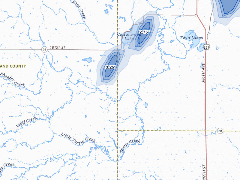 NEXRAD radar-signature map of the hail storm over Tulare, SD on Jun 29, 2026